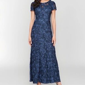 Alex Evenings Navy blue dress Sequin Rosette Lace Gown 10P Wedding Prom